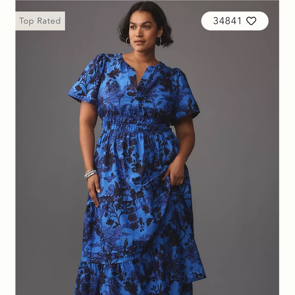 Anthropologie Blue Maxi Dress with Puff Sleeves and V-Neck